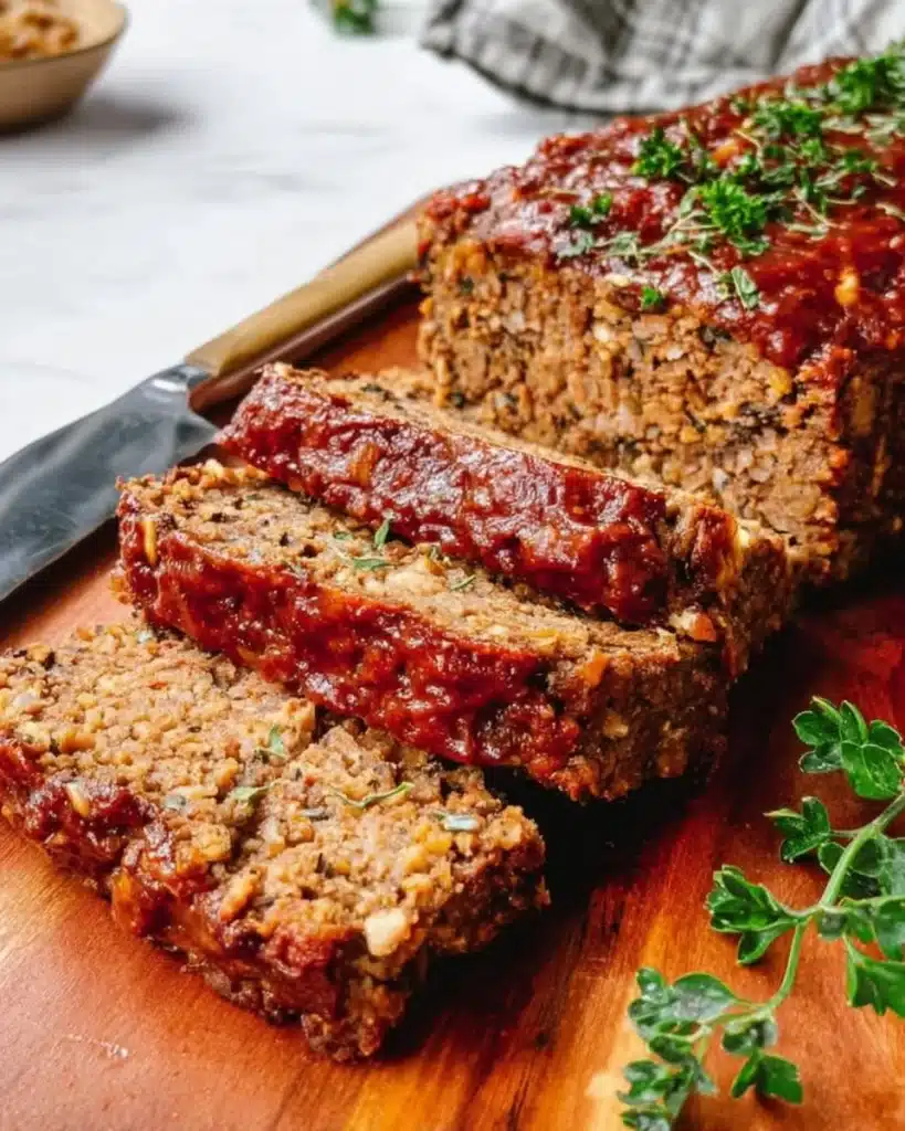 Delicious homemade Lentil Meatloaf served with garnish on a plate.
