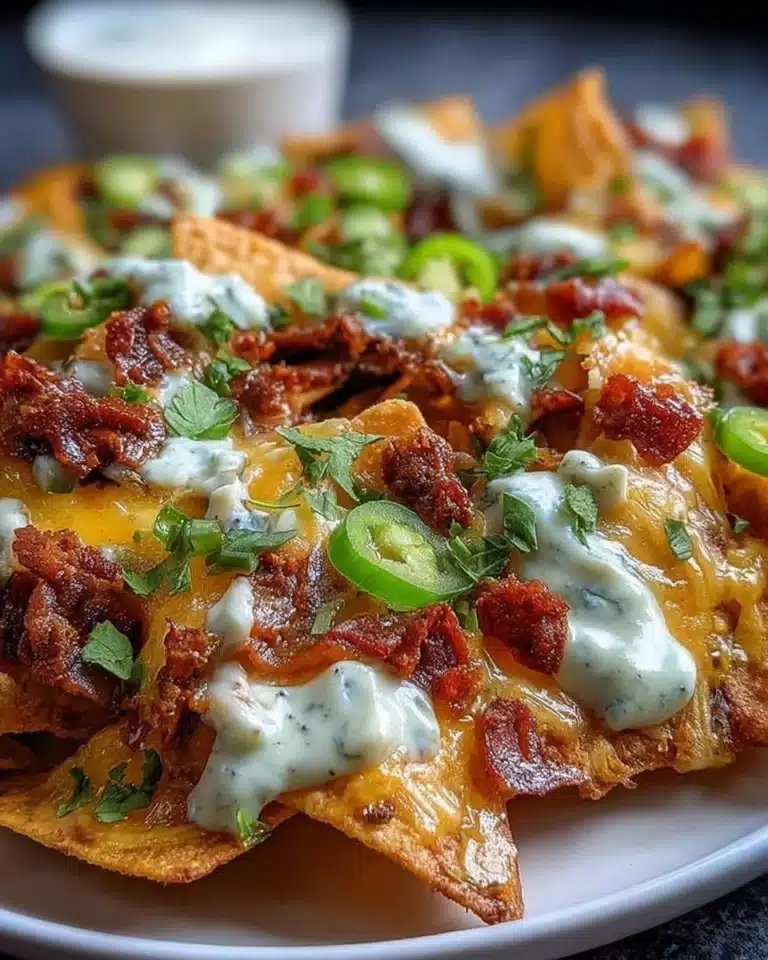 Delicious loaded nachos topped with cheese, jalapeños, and fresh ingredients.