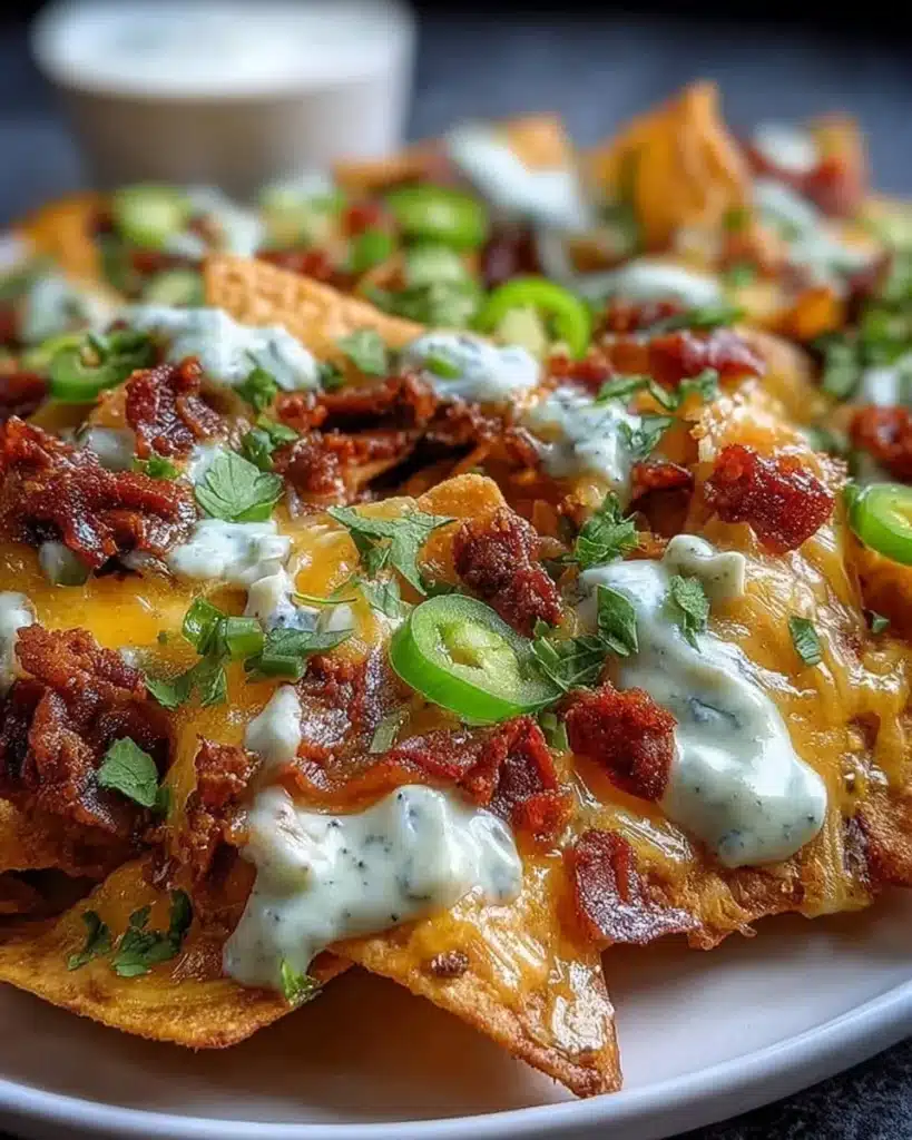 Delicious loaded nachos topped with cheese, jalapeños, and fresh ingredients.
