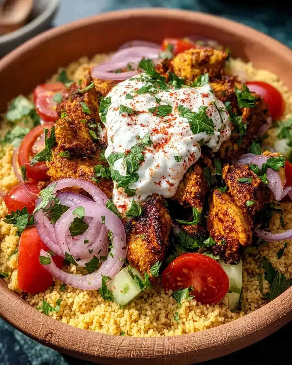 Mediterranean Chicken Couscous Bowl topped with fresh veggies and herbs