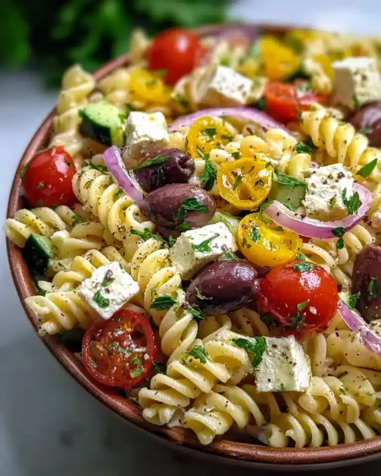 Colorful Mediterranean Greek Pasta Salad with vegetables and feta cheese