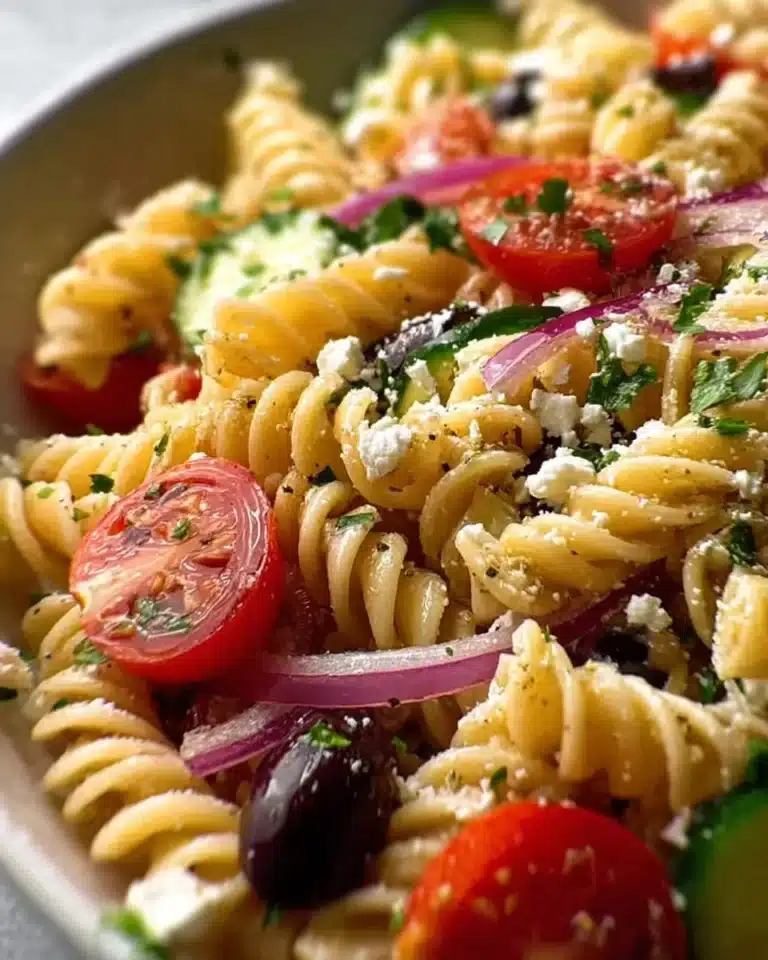 Colorful Mediterranean Pasta Salad with olives, tomatoes, and feta cheese