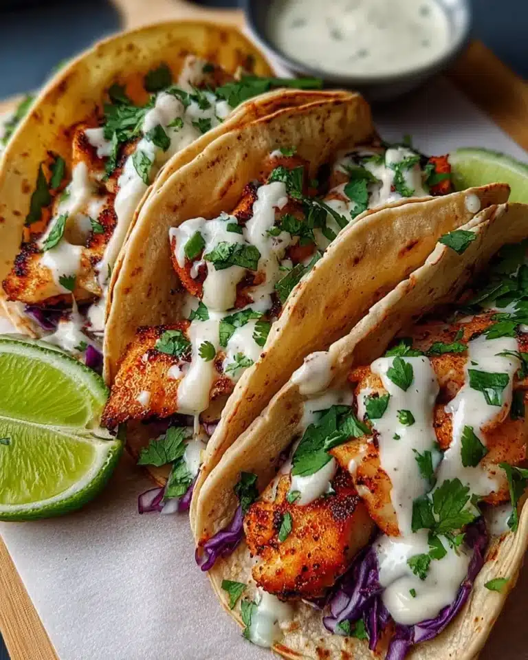 Delicious Mexican fish tacos garnished with fresh lime and colorful toppings