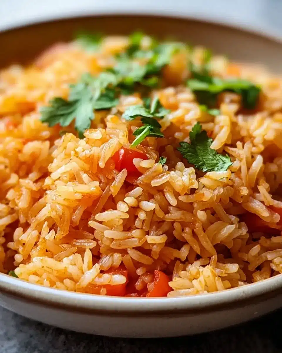 Bowl of vibrant Mexican Rice garnished with cilantro
