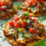 Mexican rotisserie chicken tostadas served with toppings and salsa