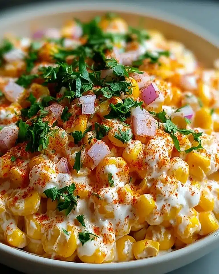 Delicious Mexican street corn dip served in a bowl with corn and toppings