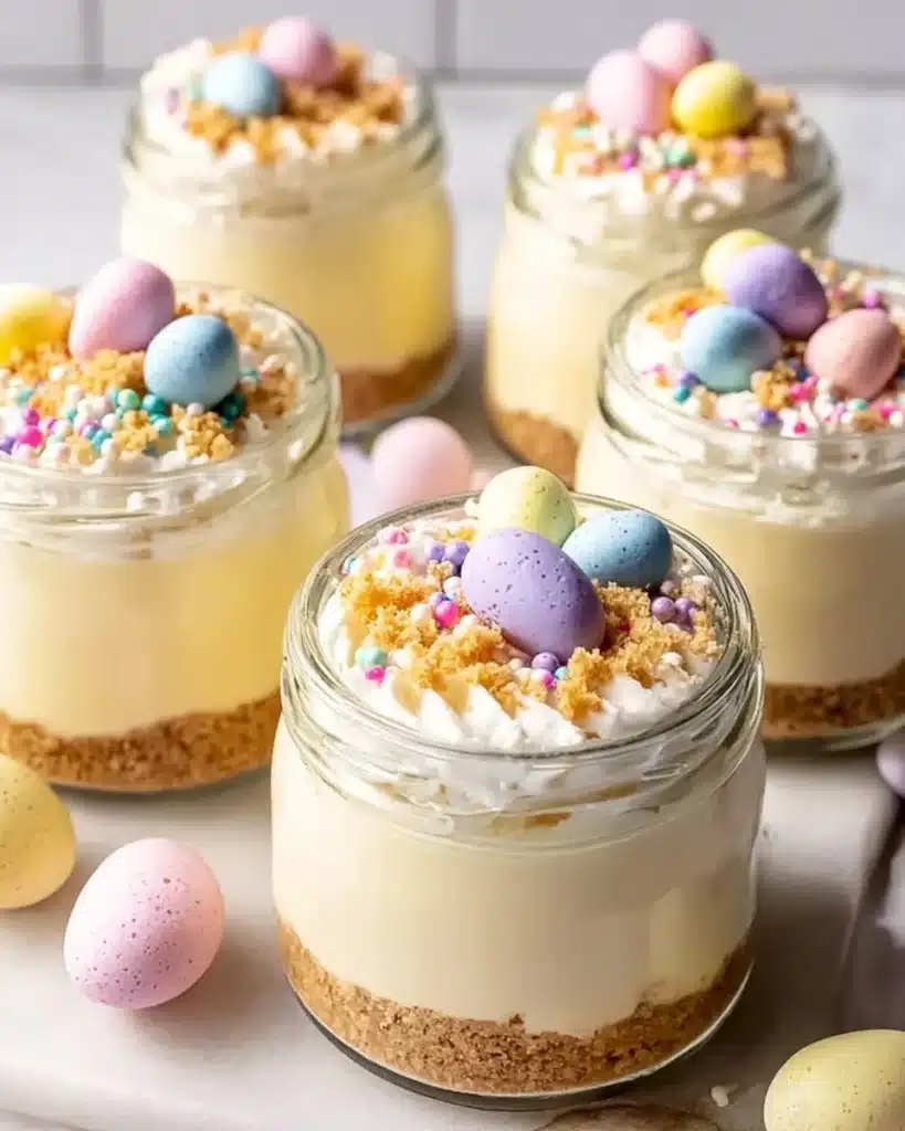 Mini Easter Cheesecake Jars topped with colorful decorations