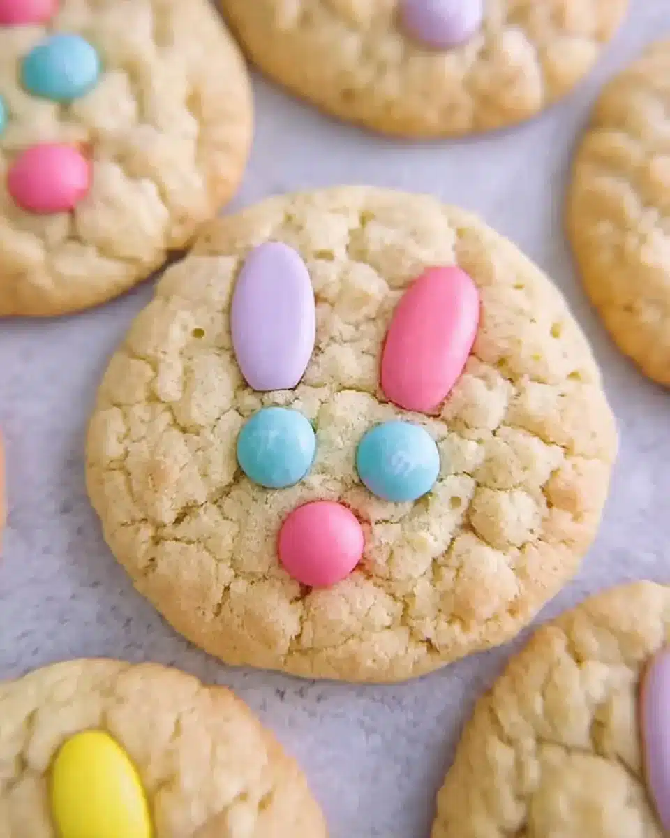 M&M Bunny Cookies decorated for Easter with colorful candies and bunny shapes.