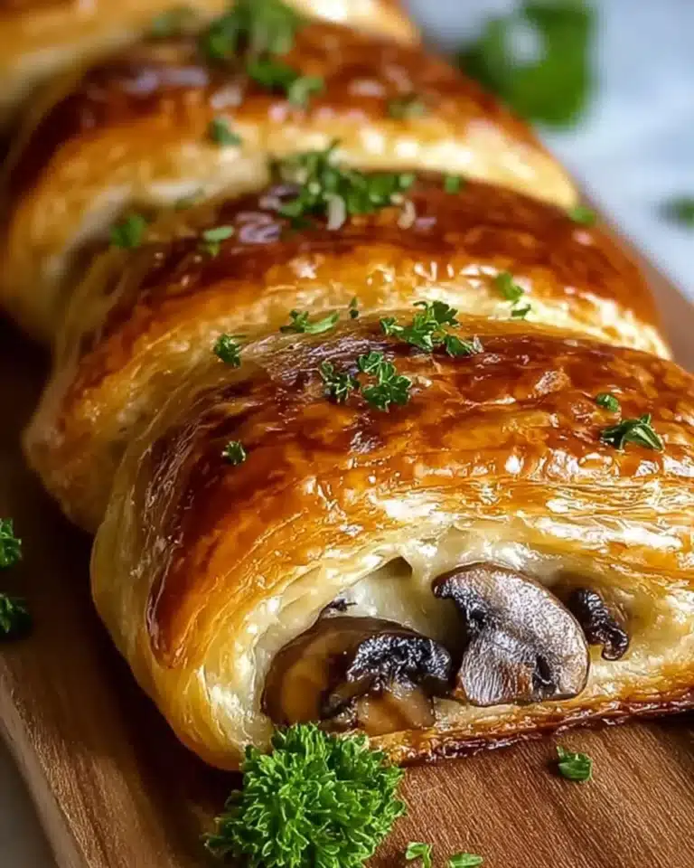 Mushroom & Gruyère Puff Pastry Braid on serving platter