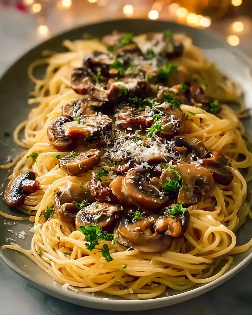 Delicious mushroom pasta with garlic and olive oil in a bowl