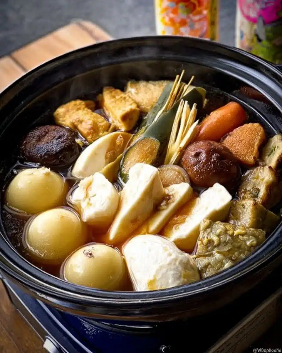 A bowl of Oden featuring various ingredients like fish cakes and tofu.