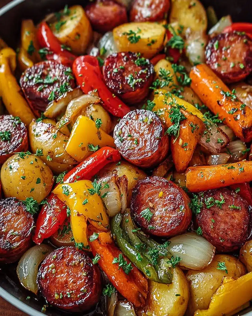 One-Pan Honey Garlic Kielbasa with colorful veggies