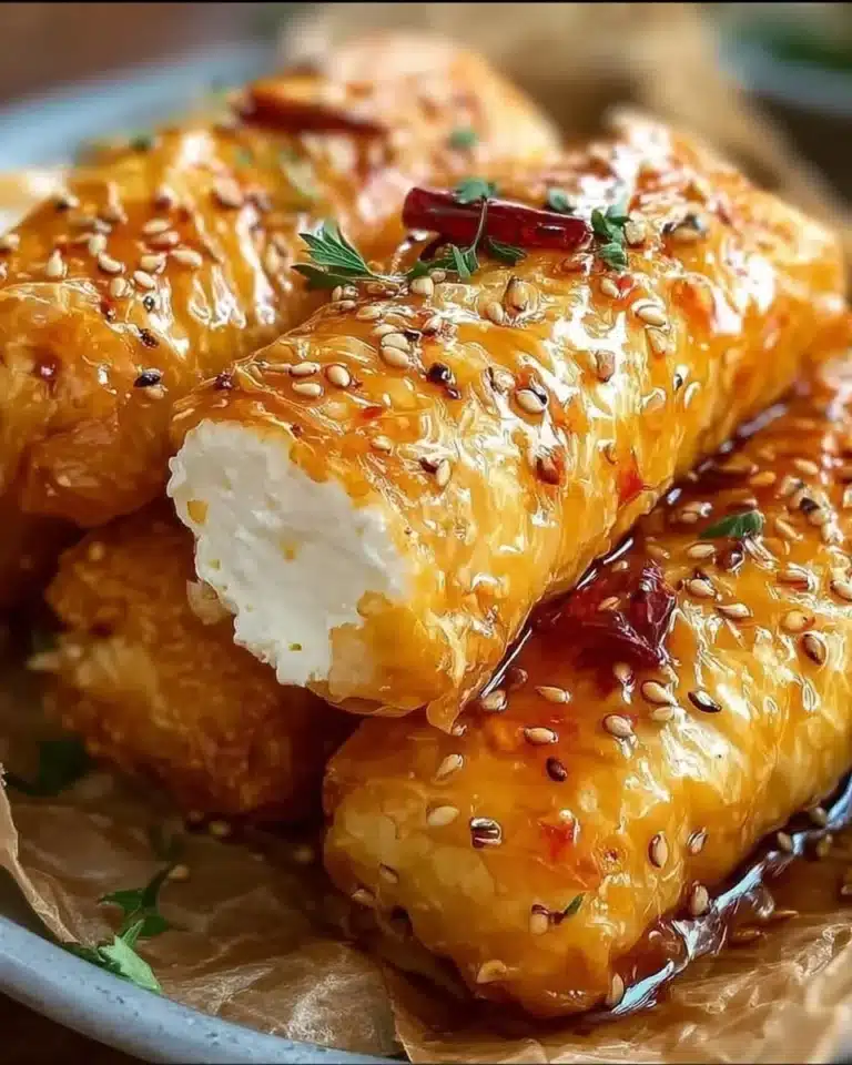 Oven-fried feta rolls topped with chili honey on a serving platter