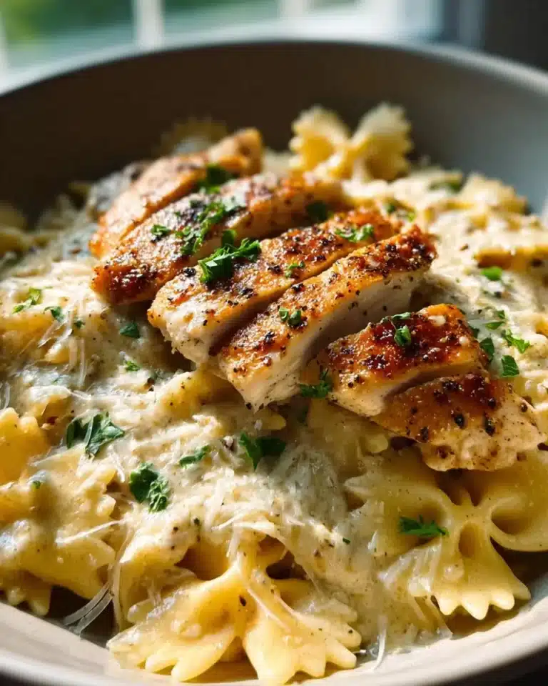 Delicious bowl of Parmesan Chicken Pasta topped with herbs and cheese