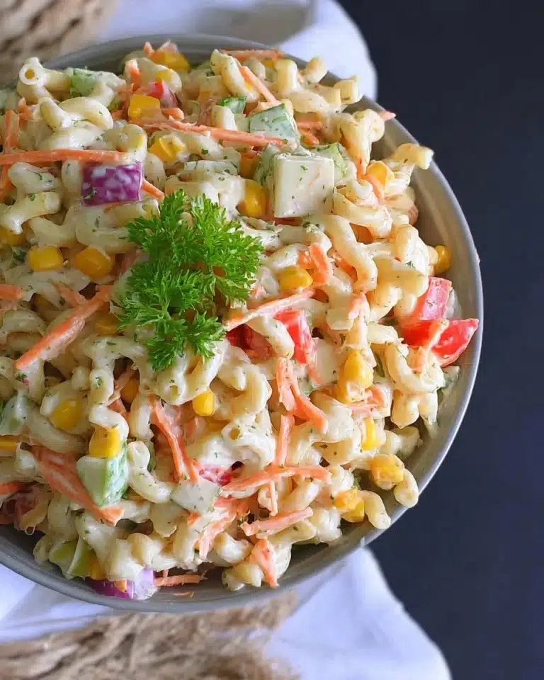 Pasta salad with coleslaw dressing served in a bowl, garnished with fresh vegetables.