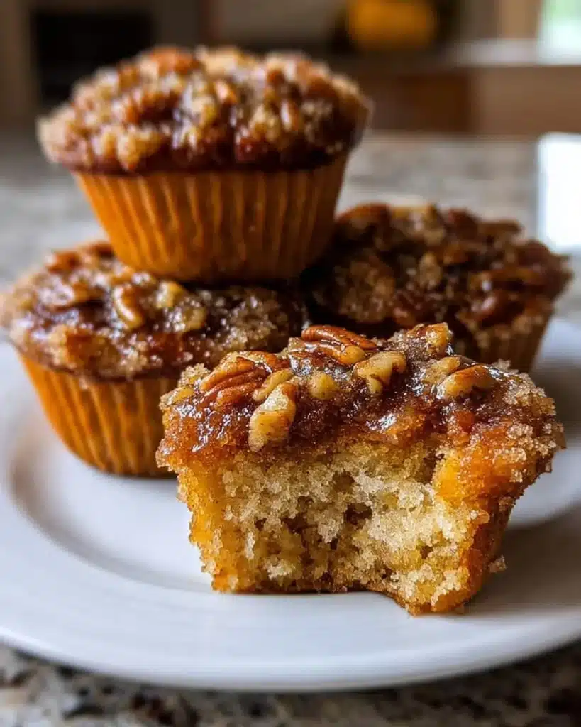 Pecan pie muffins with brown sugar on a rustic wooden table