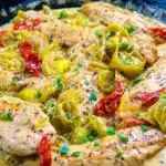 Delicious Pepperoncini Chicken Skillet served in a pan with vibrant peppers.