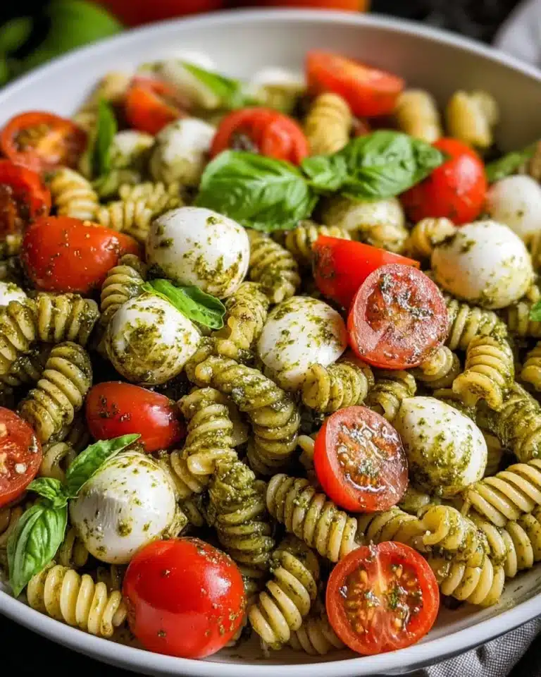 Delicious Pesto Caprese Pasta Salad with fresh tomatoes, mozzarella, and basil