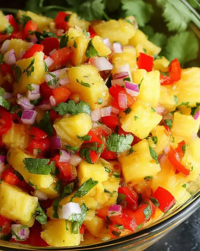 Fresh pineapple salsa served in a bowl with cilantro and lime wedges