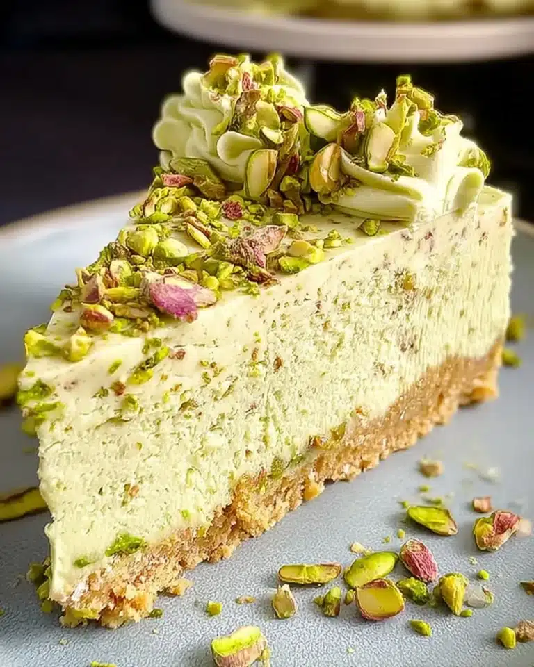Delicious slice of pistachio cheesecake garnished with crushed pistachios.