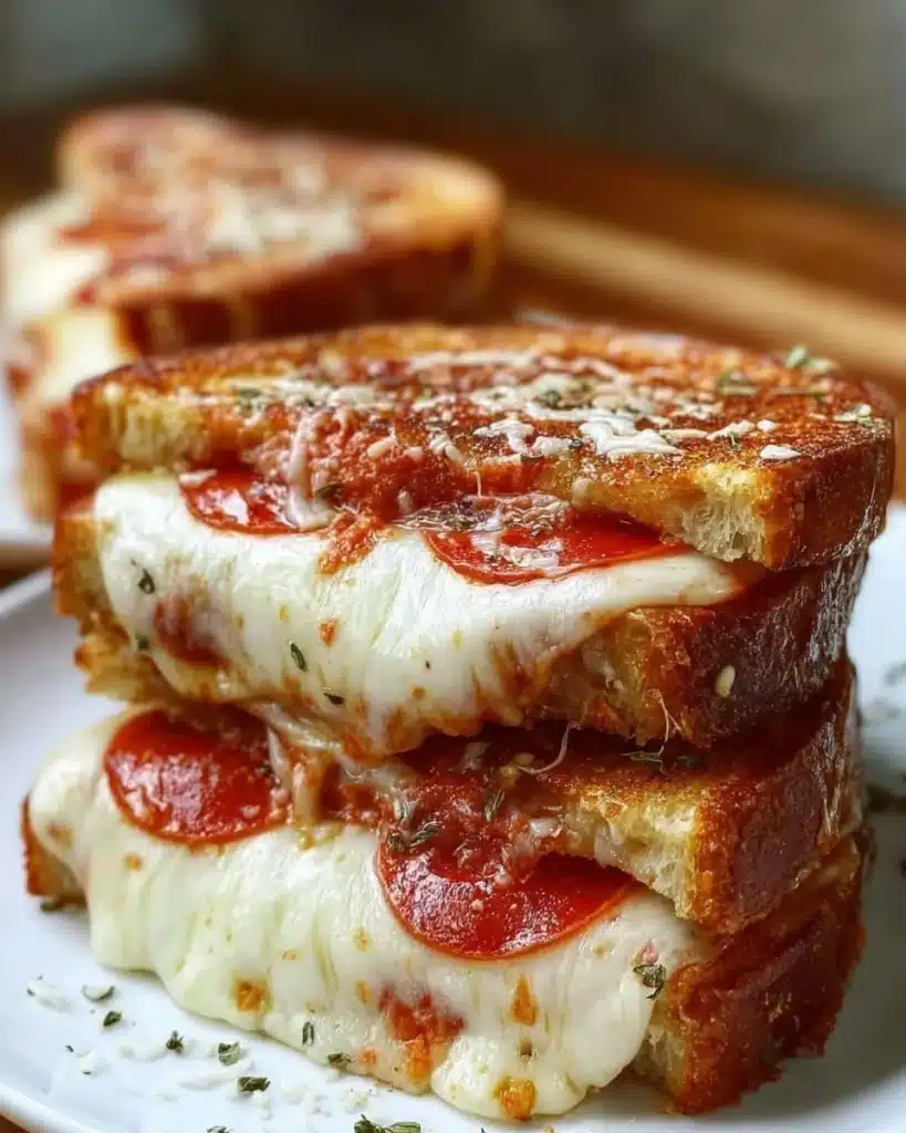 Delicious pizza grilled cheese sandwich with melted cheese and toppings