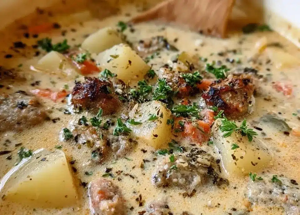 Bowl of creamy Potato Sausage Chowder garnished with herbs