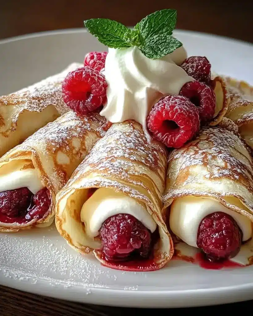 Delicious Raspberry Vanilla Cream Crepes topped with fresh raspberries and cream.