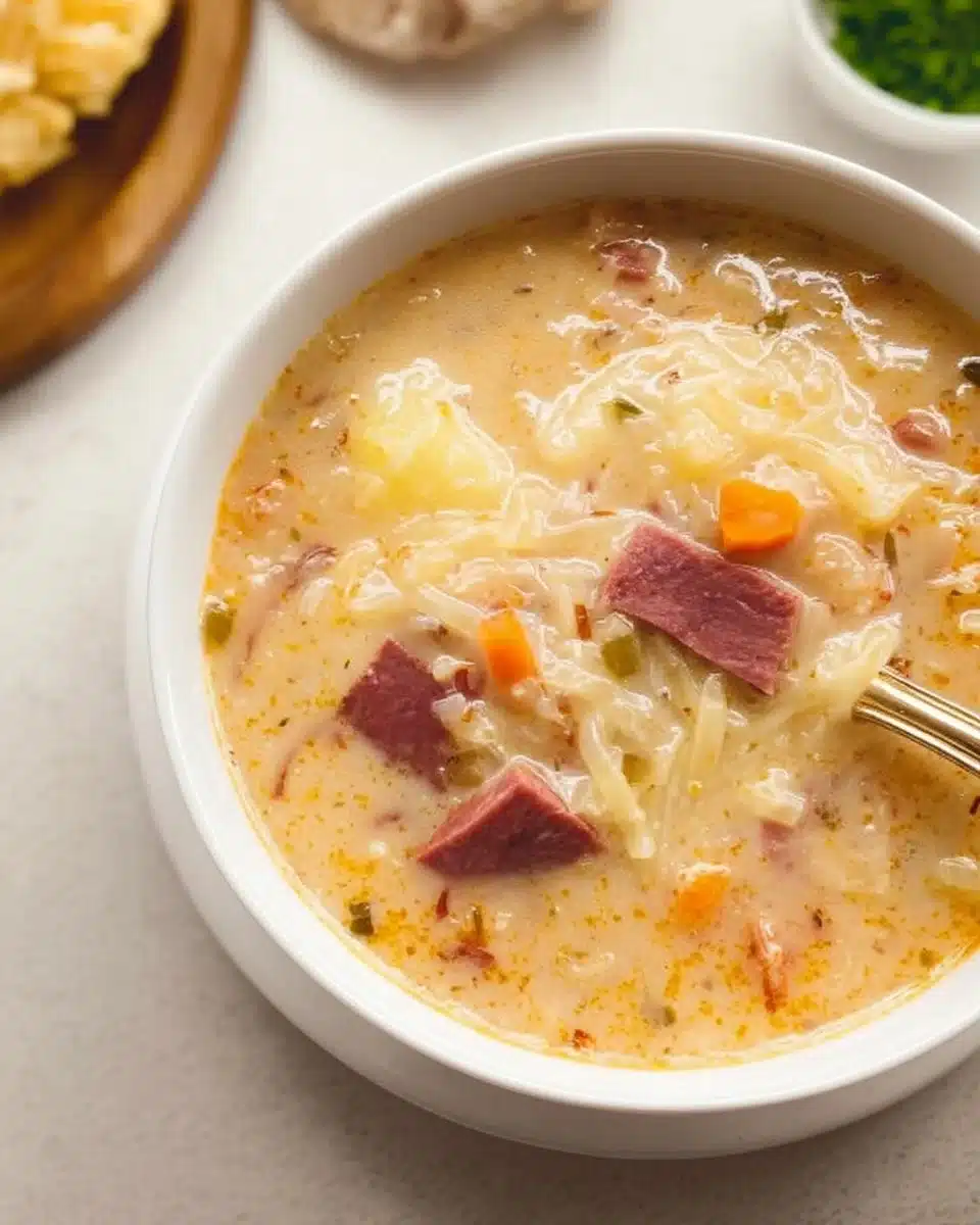 Bowl of Reuben Soup garnished with parsley and a slice of rye bread