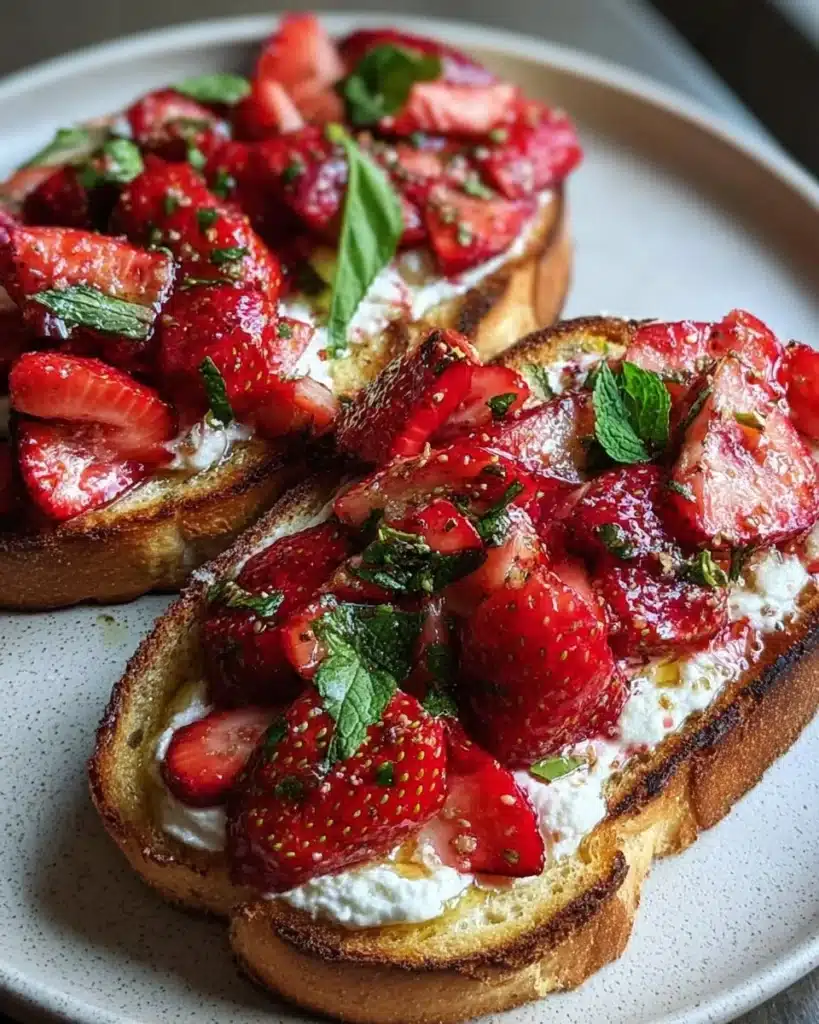 Roasted strawberry whipped ricotta toast topped with fresh strawberries