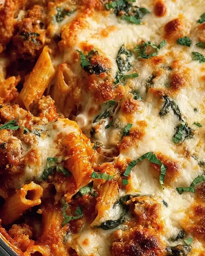 Baked Sausage Mostaccioli served in a dish