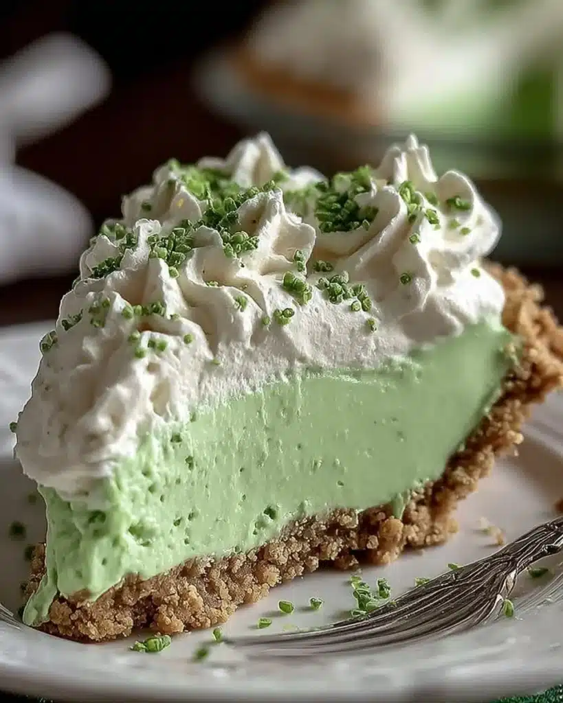 Delicious Shamrock Shake Pie topped with green whipped cream and lucky sprinkles.