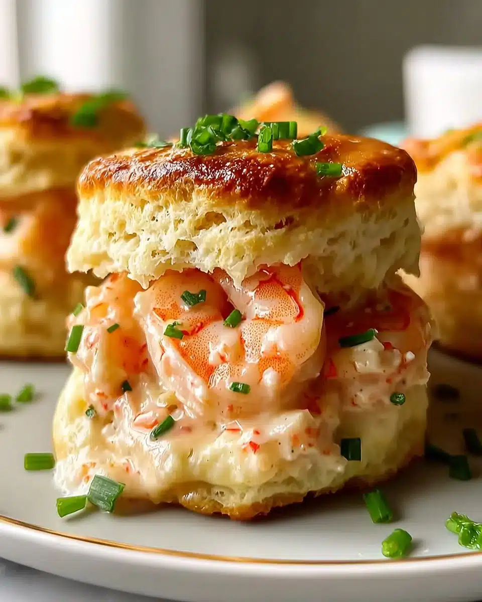 Shrimp Crab Biscuit Melts served on a rustic wooden board with herbs