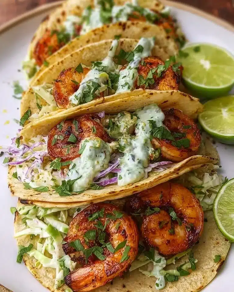 Tasty shrimp tacos served with cilantro lime slaw on a wooden table.