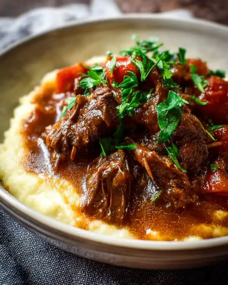 Slow Cooker Beef Manhattan dish with tender beef and rich gravy