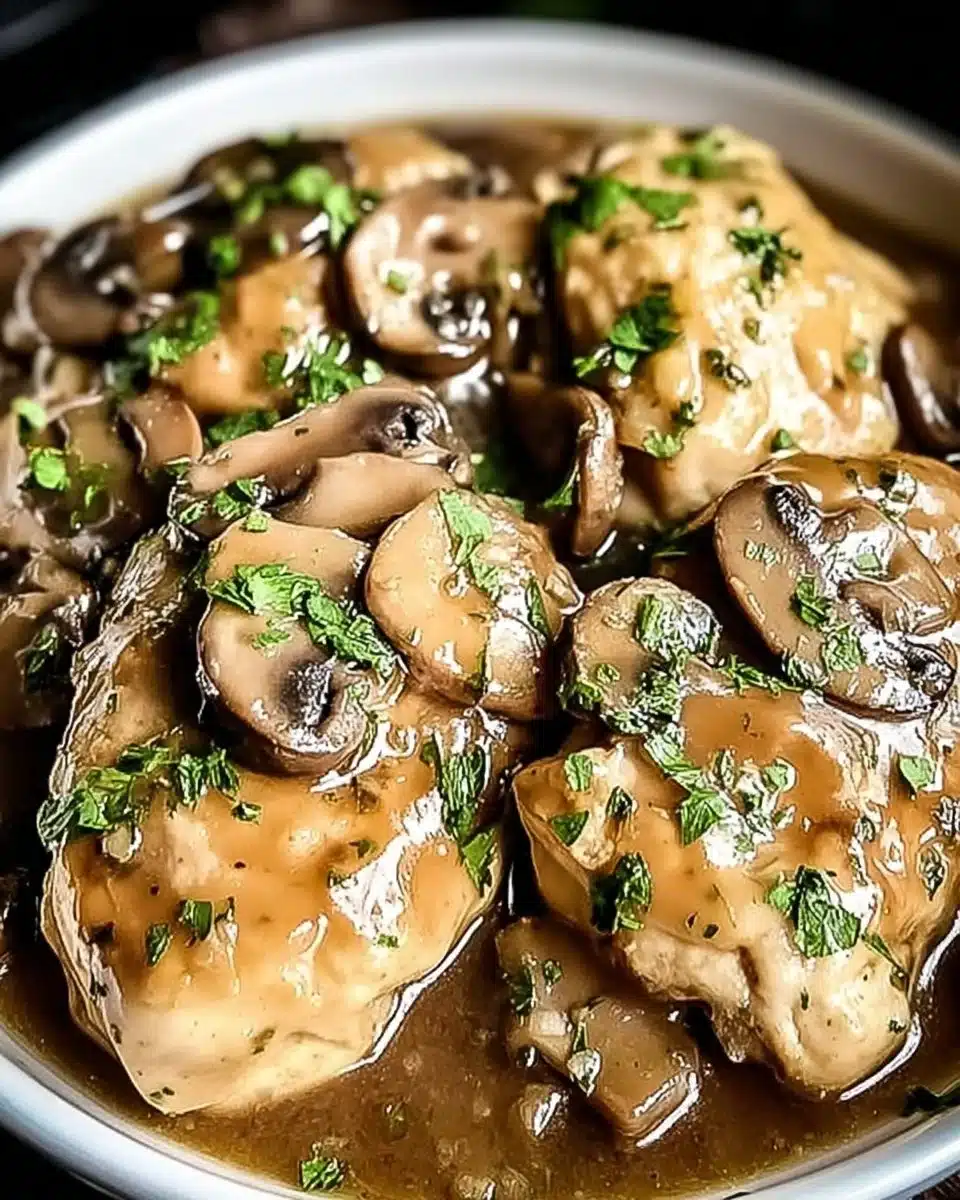 Plate of Slow Cooker Chicken Marsala with tender chicken and mushrooms