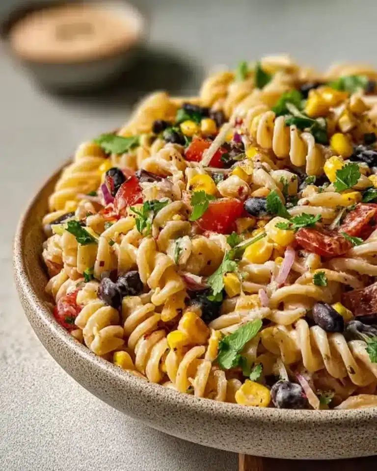 Colorful Southwest pasta salad with vegetables and dressing