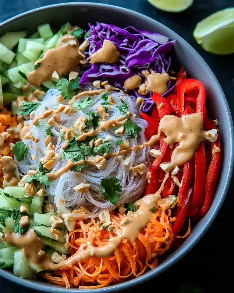 Colorful spring roll salad with peanut dressing served in a bowl
