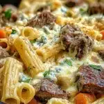 Cheesy Steak and Blue Cheese Rigatoni Bake with fresh herbs