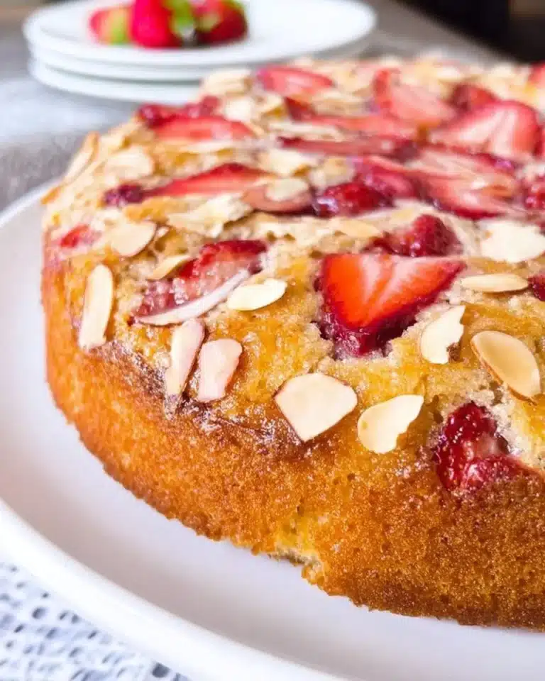 Delicious Strawberry Almond Tea Cake served on a rustic wooden table