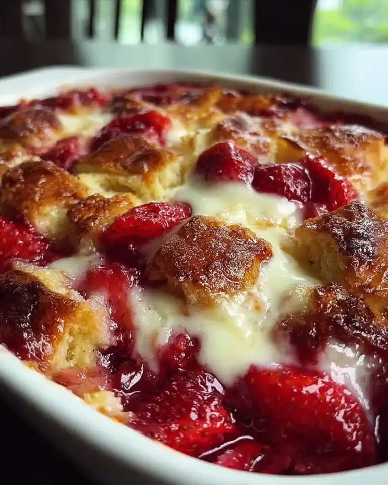 Delicious strawberry cream cheese cobbler served in a baking dish