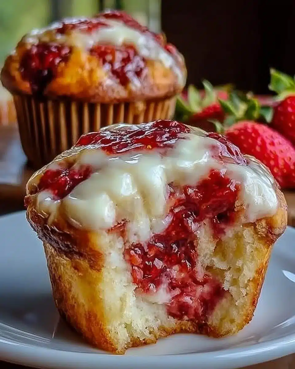 Freshly baked Strawberry Cream Cheese Muffins on a wooden table