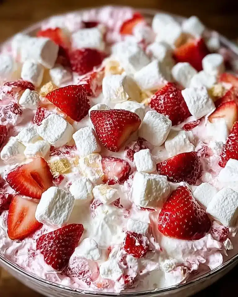 Strawberry Shortcake Fluff Salad served in a bowl with fresh strawberries