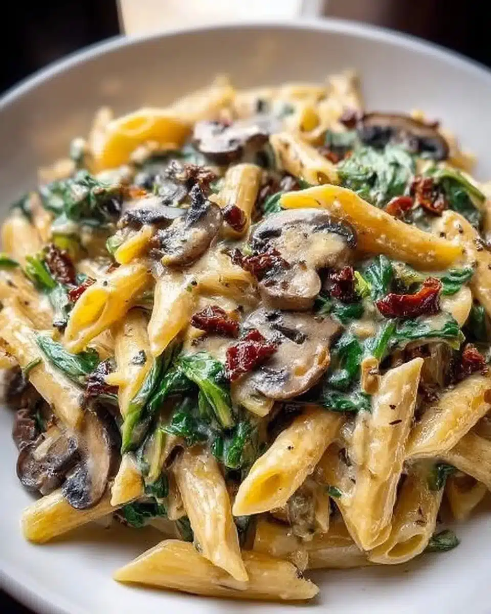 Delicious Tuscan Mushroom Pasta Skillet topped with fresh herbs