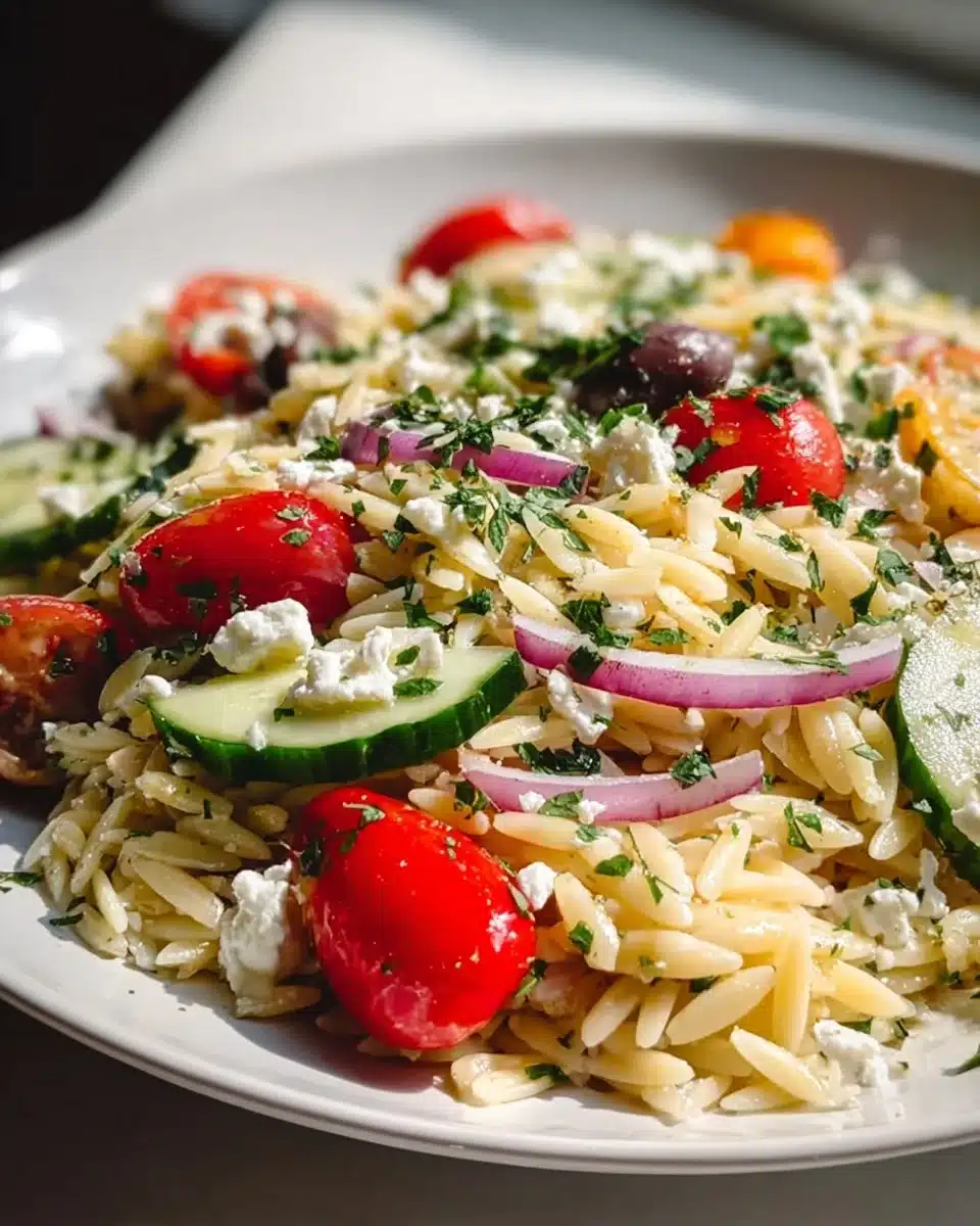 Colorful vegetarian Greek orzo salad with fresh vegetables and herbs