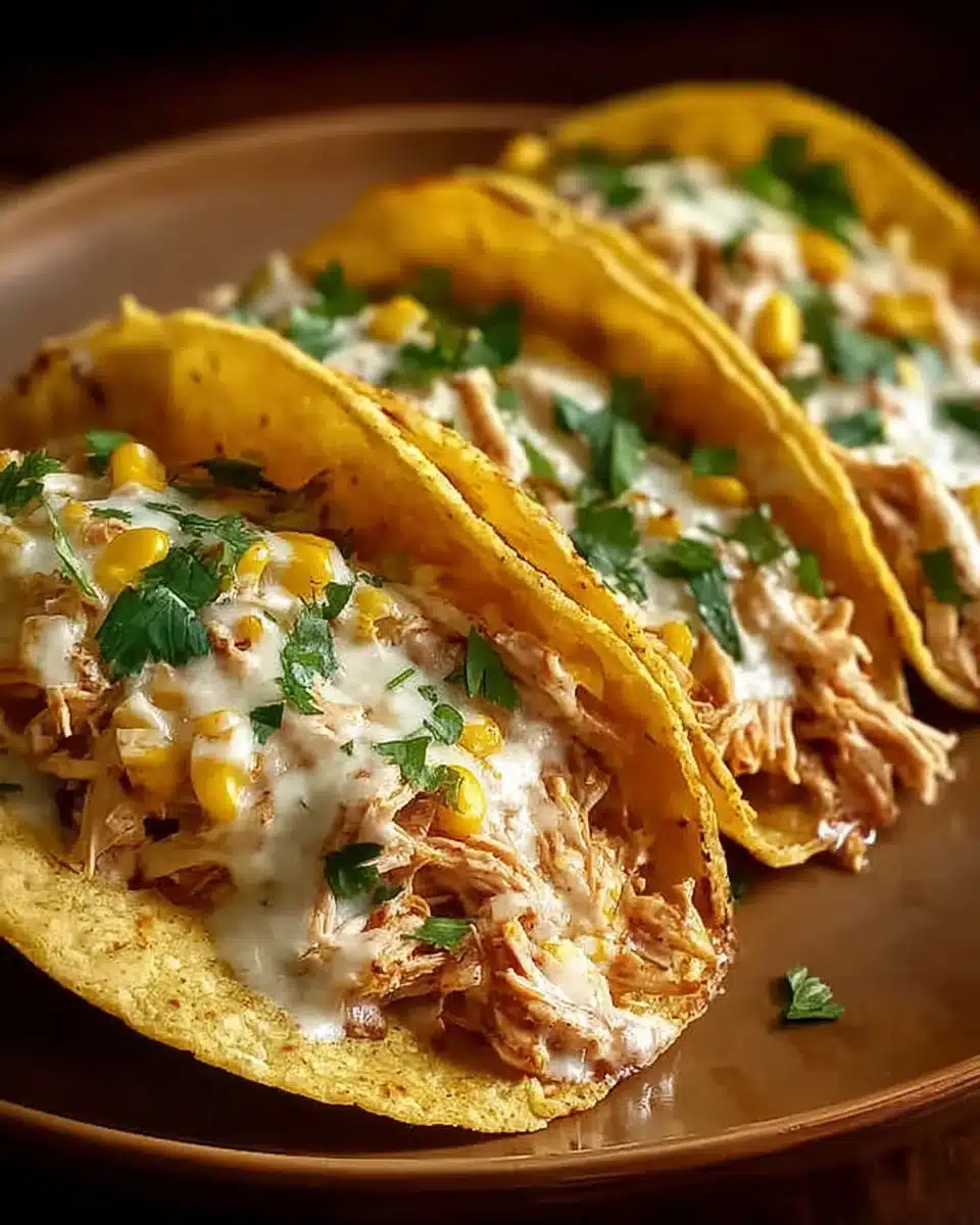White Chicken Chili Tacos loaded with toppings and garnished, ready to be enjoyed.