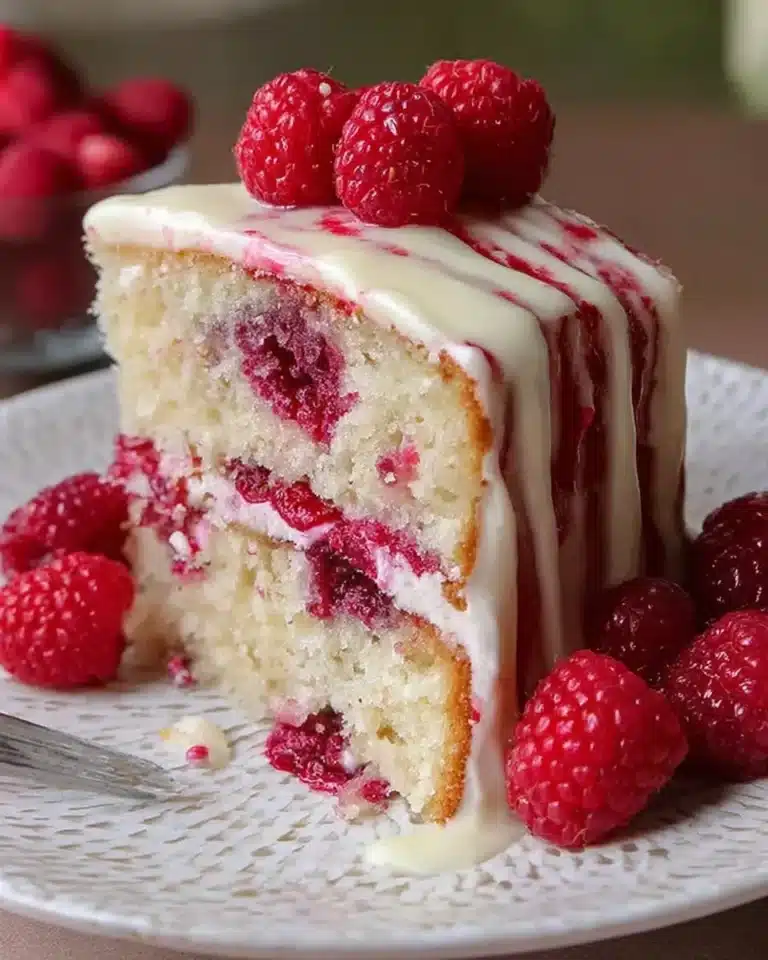 Sliced White Chocolate Raspberry Cake showcasing rich layers and raspberry filling
