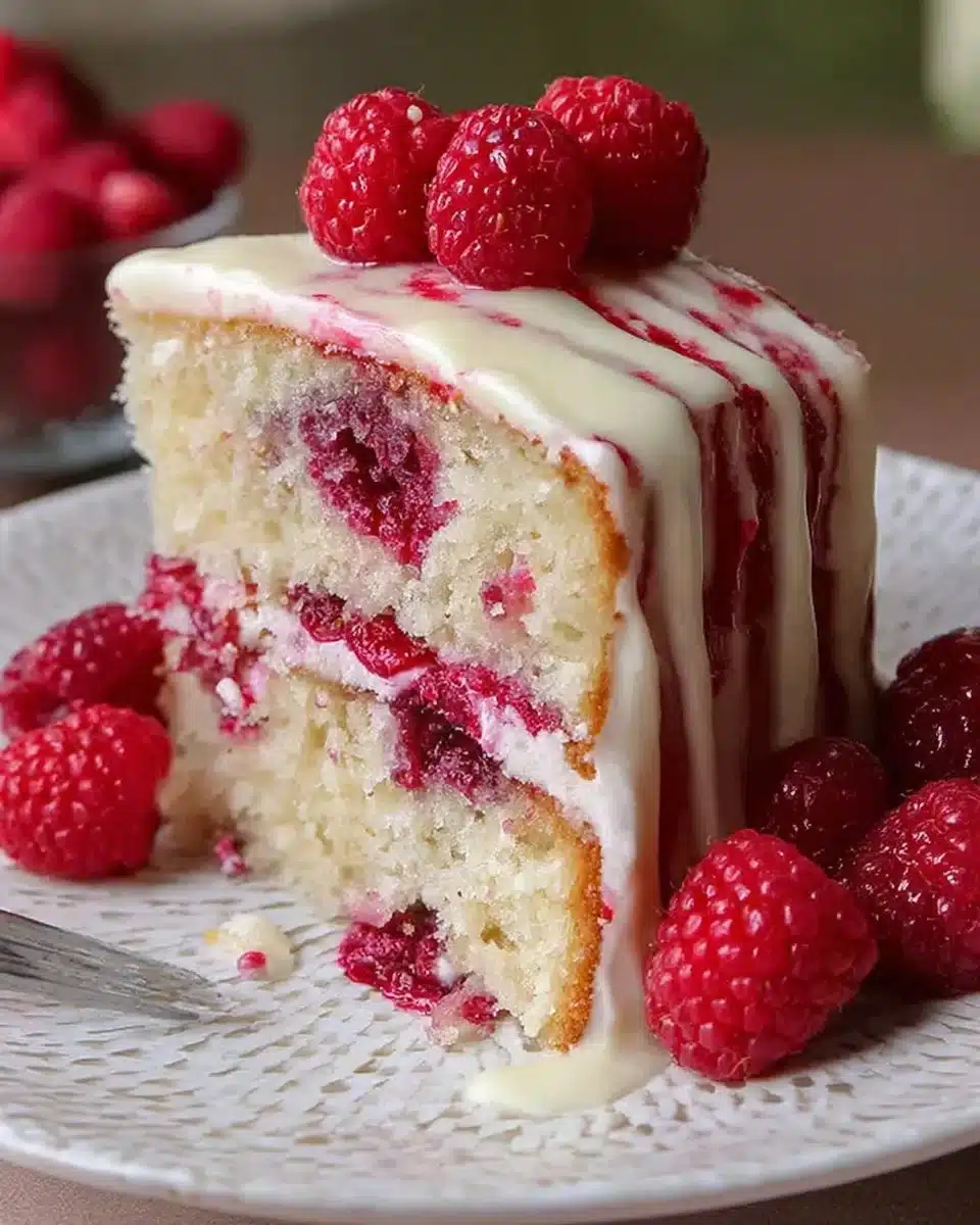 Sliced White Chocolate Raspberry Cake showcasing rich layers and raspberry filling