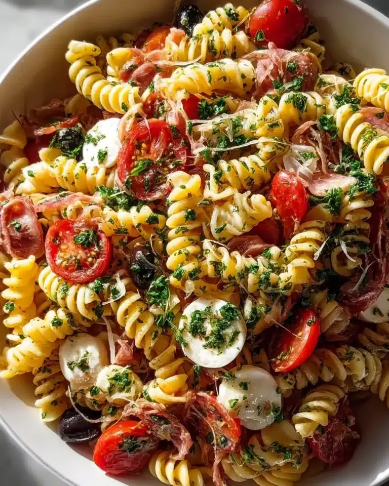 Bowl of zesty Italian pasta salad with fresh vegetables and dressing