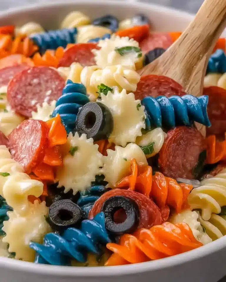 Colorful 4th of July pasta salad with vegetables and dressing