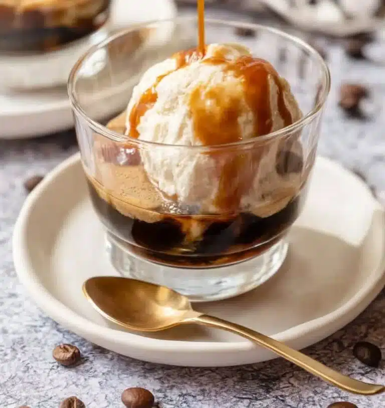 Delicious homemade affogato with espresso poured over vanilla ice cream